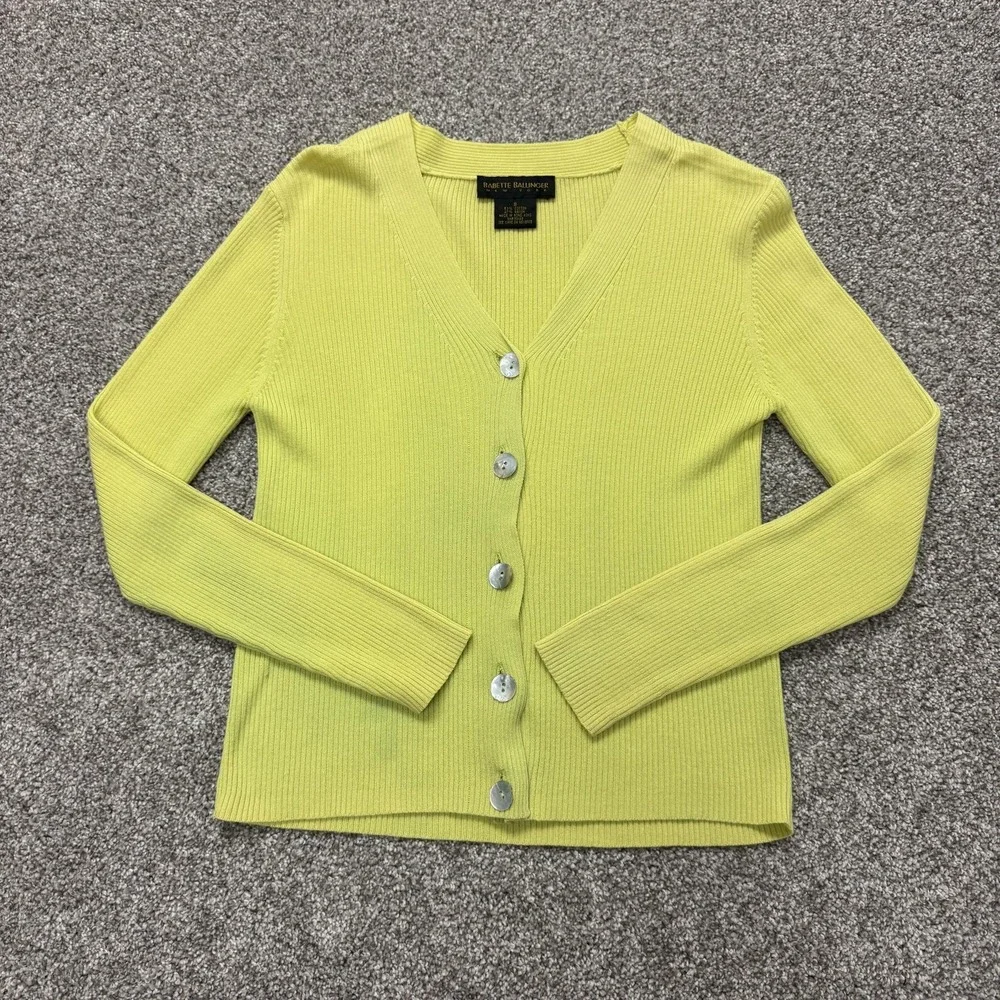 Babette Ballinger Cardigan Sweater Womens S Yellow Ribbed V Neck Button Knit